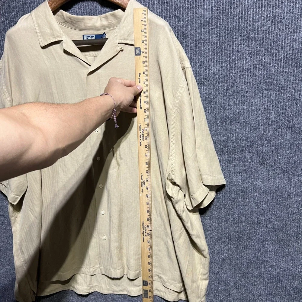 Vintage Polo Ralph Lauren Shirt Mens 4XB Tan Linen Silk Herringbone Short Sleeve